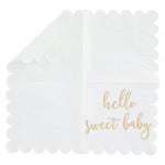 50 Pack White Scalloped Baby Shower Napkins for Girls and Boys, Gold Foil Hello Sweet Baby Decorations (5 x 5 In)