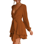 Cosonsen Women's Dress Deep V-Neck Long Sleeve Waist Tie Ruffle Mini Swing Skater Dresses Brown XX-Large
