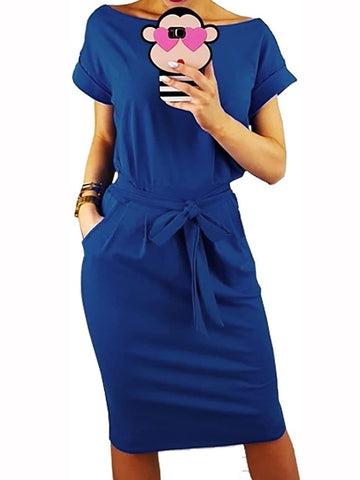 PRETTYGARDEN Women's Summer Short Sleeve Crewneck Striped Dress Basic Solid Tie Waist Office T Shirt Dresses Pockets Blue Small