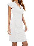 Umenlele Women's Deep V Neck Ruffle Sleeves Ruched Cocktail Pencil Bodycon Midi Dress X-Large White