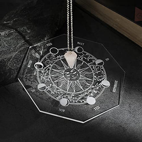 Acrylic Pendulum Board for Divination Acrylic Clear Divination Metaphysical Message Carven Pendulum Board Set with a Crystal Dowsing Pendulum Necklace Witchcraft Wiccan Altar Supplies Kit