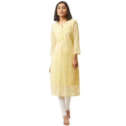 ZOLA Exclusive Georgette Round Neck with Full Sleeves and Calf Length Luckhnowi Chikan Kari Kurta with Button Placket on Yolk Ethnic Wear Straight Kurta for Women Pack of 1