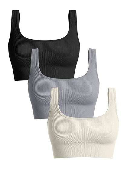 OQQ Women's 3 Piece Medium Support Tank Top Ribbed Seamless Removable Cups Workout Exercise Sport Bra Black Grey Beige Large