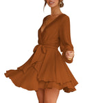Cosonsen Women's Dress Deep V-Neck Long Sleeve Waist Tie Ruffle Mini Swing Skater Dresses Brown XX-Large