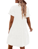 GRAPENT Denim Dress for Women Babydoll Tiered Short Sleeve Button Down Jean Shirt Dresses Small Brilliant White