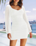 ZESICA Women's Sexy V Neck Ruched Bodycon Mini Dress Puff Long Sleeve Cocktail Wedding Party Short Dresses White Small