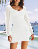 ZESICA Women's Sexy V Neck Ruched Bodycon Mini Dress Puff Long Sleeve Cocktail Wedding Party Short Dresses White Small