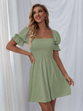 WDIRARA Women's Square Neck Flounce Short Sleeve Shirred Ruffle Hem Dress Large Mint Green