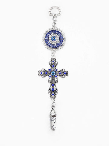 LUCKBOOSTIUM Blue Crystal Inlayed Cross & Blue Mandala Evil Eye Amulet w/Hanging Healing Stone - Nature, Energy, Rebirth, Growth Charms - Car & Home Lucky Charm Ornament (2"x8", White Turquoise)