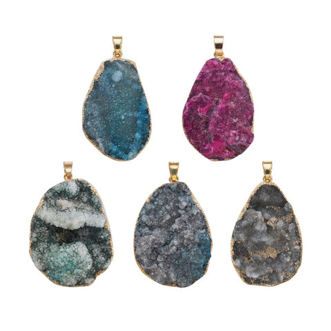 FASHEWELRY 5Pcs Natural Druzy Agate Pendants Big Drop Shape Healing Crystal Chakra Charms 42~56mm long Gold Plated for Jewelry Making Hole: 6x5mm 7-Mixed Color-Druzy Agate-Teardrop