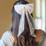Jeairts Bridal Hair Bow Veil Pearl Wedding Hair Piece White Tulle Bow with Clip Bachelorette Party Hair Accessories for Women and Girls Style B