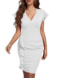 Umenlele Women's Deep V Neck Ruffle Sleeves Ruched Cocktail Pencil Bodycon Midi Dress X-Large White