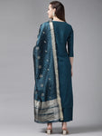 INDO ERA Women's Silk Blend Embroidered Straight Kurta Palazzo with Dupatta Set (Teal_KH9TL9240_XS to 2XL-Size)