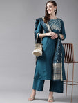 INDO ERA Women's Silk Blend Embroidered Straight Kurta Palazzo with Dupatta Set (Teal_KH9TL9240_XS to 2XL-Size)