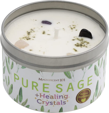 Magnificent 101 Sage Leaf and Healing Crystal Candle for Aromatherapy, Meditation and Manifestation - Natural Soy Wax with Rose Quartz, Amethyst, Moonstone, and Black Tourmaline in 6 oz Tin Holder Pure Sage - Healing Crystals