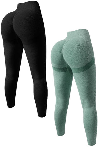 OQQ Women's 2 Piece Butt Lifting Yoga Leggings Workout High Waist Tummy Control Ruched Booty Pants Black Darkgreen Medium