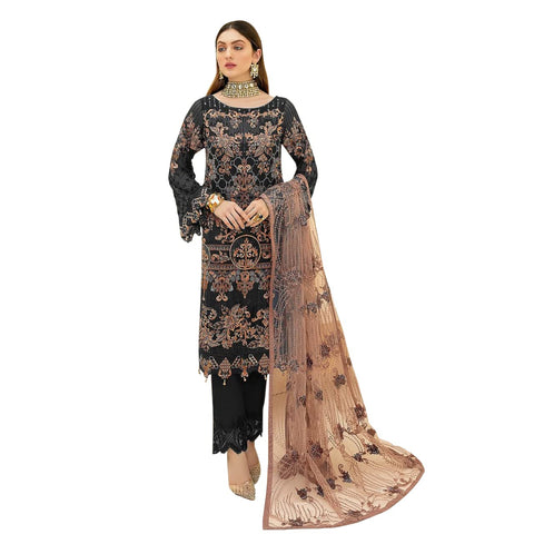 Miss Ethnik Women's Faux Georgette Semi Stitched Top With Unstitched Santoon Bottom and Net Dupatta Embroidered Straight Top Dress Material (Pakistani Salwar Suit)