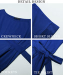 PRETTYGARDEN Women's Summer Short Sleeve Crewneck Striped Dress Basic Solid Tie Waist Office T Shirt Dresses Pockets Blue Small
