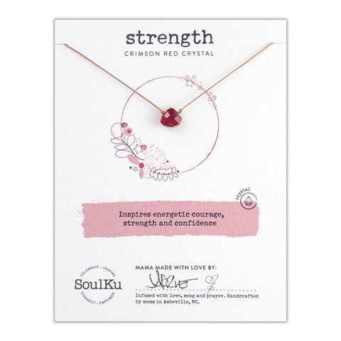 SoulKu Soul Shine Handmade Necklace, Empowering Jewelry With Healing Crystal, Inspirational Jewelry For Women, Mom & Sister, 2" Extender With Lobster Clasp, 16" Nylon Cord (Crimson Red, Strength) Crimson Red