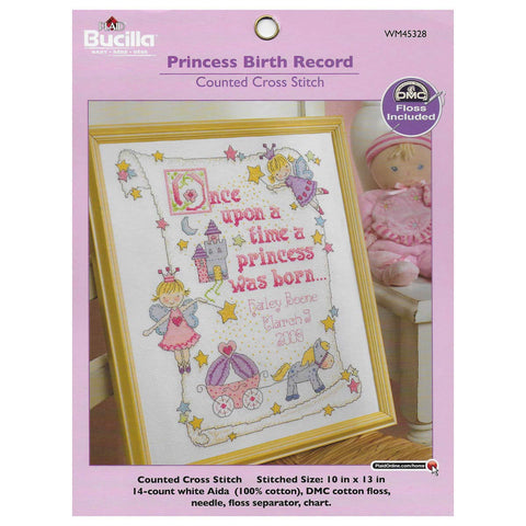 Bucilla Counted Cross Stitch Birth Record Kit, 10 by 13-Inch, 45328 Princess , Pink