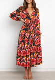 MITILLY Women's Boho Leopard Print Ruffle Long Sleeve V Neck Casual Flowy Party Maxi Dress Floral Navy Medium