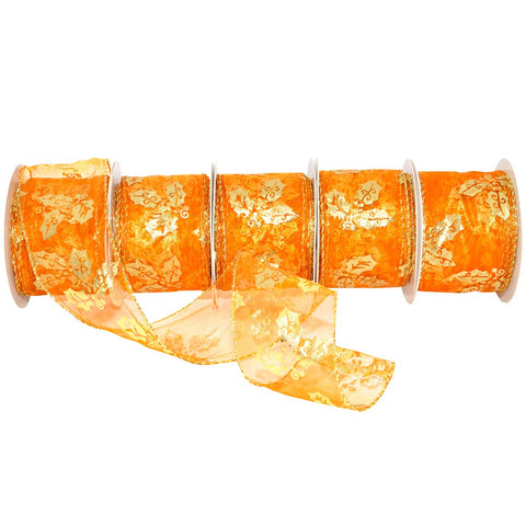 Morex Guilded Holly Ribbon, Wired Sheer, 2.5 inches by 100 Feet, Gold/Rust
