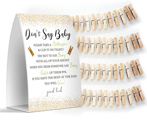Don't Say Baby Set - One 5x7 Sign and 50 Mini Clothespins, Baby Shower Games, Baby Shower Decoration, Gender Neutral Baby Shower - MsJb035