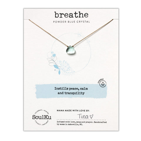 SoulKu Soul Shine Handmade Necklace, Empowering Jewelry With Healing Crystal, Inspirational Jewelry For Women, Mom & Sister, 2"" Extender With Lobster Clasp, 16"" Nylon Cord (Powder Blue, Breathe) Powder Blue
