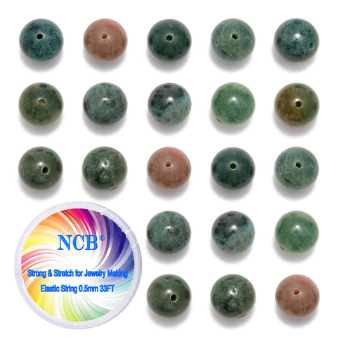 NCB 100Pcs 8mm Natural Stone Beads Indian Agate Gemstone Round Loose Stone Beads Spacer Beads Energy Healing Beads with Free Crystal Stretch Cord for Jewelry Making (Indian Agate, 8mm 100Beads)