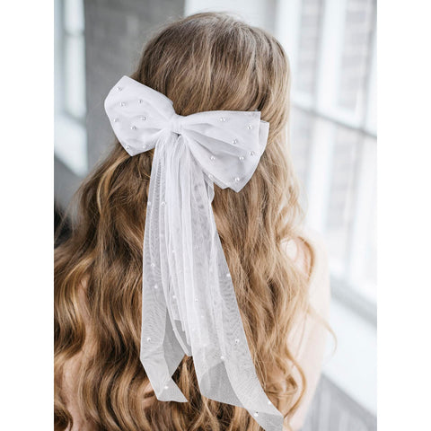 Bachelorette Party Decorations Pearl Hair Bow Bridal Hair Clip Veil for Bachelorette Party Pearl White Hair Bow 20.5inch Bride to Be Bridal Shower Gifts Bridesmaid Favors Bridal Hair Accessories Single White Bow Veil
