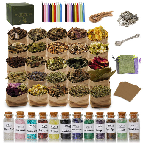 Wiccan Gifts Set for Beginners Women Witchy Valentines Gift Crystals for Witchcraft Supplies Box for Spells Candle for Witches Supplies and Tools Kit with 25 Packs of Herbs and 12 Bottles Crystal Set Casual with 130Pcs