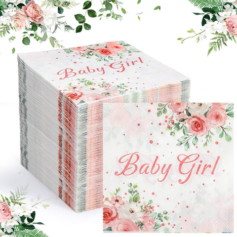 100PCS Baby Girl Napkins Disposable Baby Shower Napkins for Girl Baby Shower Paper Beverage Napkins Baby Girl Shower Party Decorations for Gender Reveal, Birthday, Bridal Shower Party Table Supplies 100