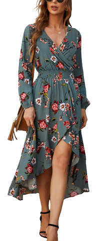 Kormei Womens Short Sleeve Floral High Low V-Neck Flowy Party Long Maxi Dress X-Large D10-grey