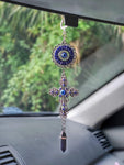 LUCKBOOSTIUM Blue Crystal Inlayed Cross & Blue Mandala Evil Eye Amulet w/Hanging Healing Stone - Nature, Energy, Rebirth, Growth Charms - Car & Home Lucky Charm Ornament (2"x8", Blue Sandstone)