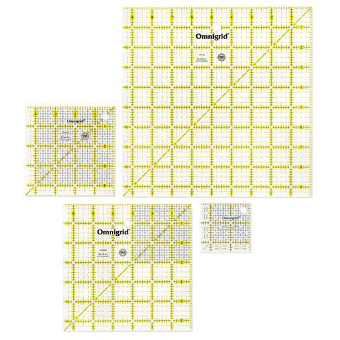 Omnigrid Square Value Pack (2-1/2", 4-1/2", 6-1/2", 9-1/2") Quilting Ruler, 2.5”, 4.5”, 6.5” and 9.5”, Clear, 4 Pack