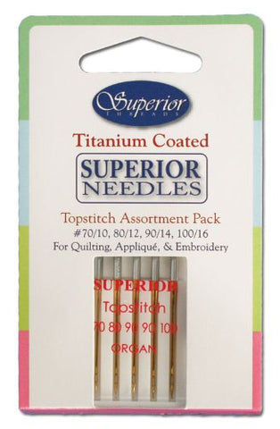 Topstitch Sewing and Quilting Needles Assortment Set. Sizes #70/10, 80/12, and #100/16 x 1 Needle Each. Size #90/14 x 2 Needles Each. Total of 5 Needles per Pack