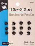 Dritz 80-30-1 Sew-On Snaps, Black, Size 3/0 12-Count