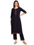 anubhutee Navy Blue Floral Embroidered Kurta Pants Suit Set for Women L