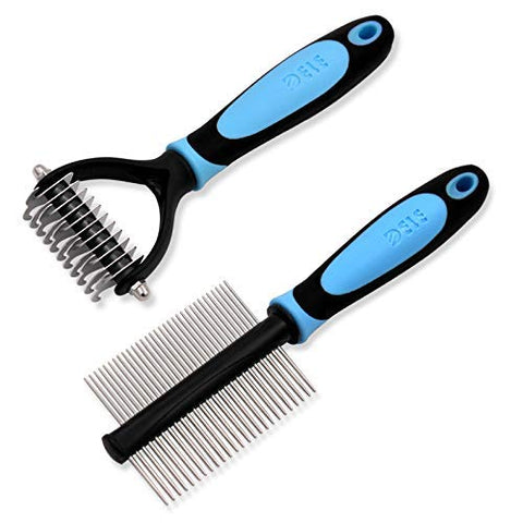 SHD 2 Pack Pet Grooming Tool with Double Sided Dematting Rake Brush and Deshedding Comb for Medium, Longhaired Curl Dog or Cat