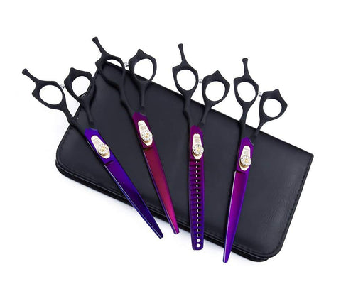 Dream Reach 7.0 inches Professional Decompressed Elastic Handle Pet Grooming Scissors Set,Straight & Chunker & 2 Curved Scissors 4pcs Set for Dog Grooming (Purple) (4PSC Set) 4PSC Set