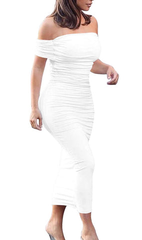 GOBLES Women's Ruched Off Shoulder Short Sleeve Bodycon Midi Elegant Cocktail Party Dress White Large