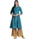 rangita Women Solid Embroidered Calf Length A Line Kurti with Sleeves Tabs