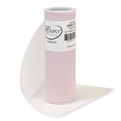 Expo International Decorative Glitter Tulle, Roll/Spool of 6 Inches X 10 Yards, Polyester-Made Tulle Fabric, Glittery Finish, Versatile, Easy-to-Use, Pink Light Pink
