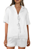 CHYRII Women's Silk Satin Pajamas Sets Tie Front Short Sleeve Tops and Shorts Two Piece Pj Sets Sleepwear Medium White
