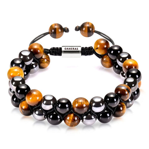 OAHERAS Triple Protection Crystal Bracelet Spiritual Healing for Men and Women Natural Tiger Eye Black Obsidian and Hematite 8mm Stone Bead Energy Crystal Bracelet - Bring Good Luck and Happiness Yellow