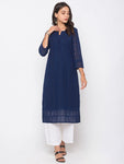 ZOLA Exclusive Georgette Round Neck with 3/4Th Sleeves and Calf Length Luckhnowi Chikan Kari Kurta with Button Placket On Yolk Ethnic Wear Straight Kurta for Women