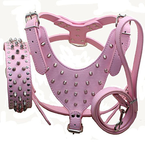 haoyueer Leather Spiked Studded Medium & Large Dog Collars, Harnesses & Leashes 3Pcs Matching Set for Pit Bull,Mastiff, Boxer, Bull Terrier(Pink,XL) XL Pink