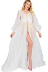 HHQ Bridal Tulle Robe Long White Lace Wedding Nightgowns Women Bride Getting Ready Robe Boudoir Shoot Sheer Dress Medium