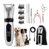 Pet Clippers Professional Dog Grooming kit Adjustable Low Noise High Power Rechargeable Cordless Pet Grooming Tools , Hair Trimmers for Dogs and Cats, Washable（IPX5), with LED Display. Frosted Silver