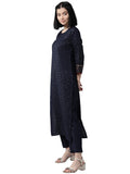 INDO ERA Women's Cotton Blend Embroidered Straight Kurta Trouser with Dupatta Set(Navy Blue_KH4NB2135_XS to 2XL-Size)